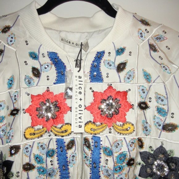 Alice + Olivia Silk Beaded Embroidered Bomber Jacket - Picture 11 of 11